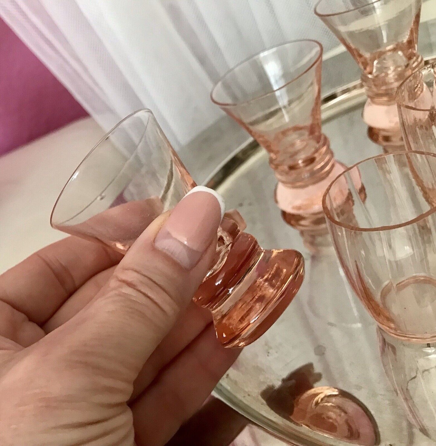 Antik ~1900 -20 6x Schnapsgläser Likör Gläser Pinchen optisch gerippt Glas rosa