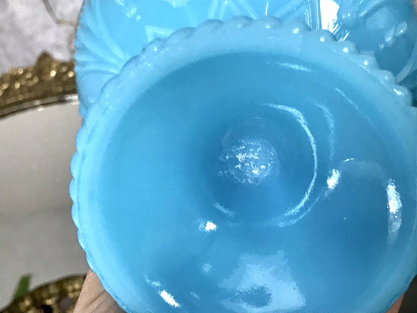 Antik Jugendstil Art Déco Pressglas Schale Fußschale Zuckerschale blau türkis