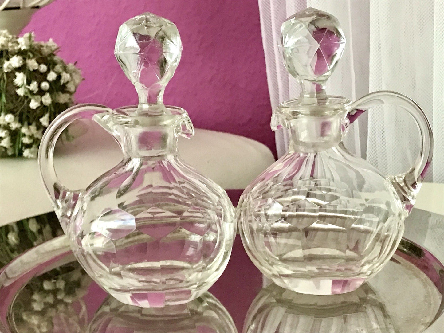 Antik 2x Kristallglas Essig&Öl Karaffe Glas Schliff Oliven Stopfen