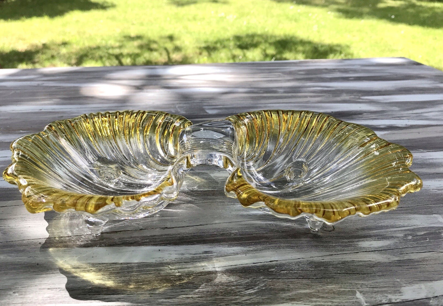 Vintage 70er Glas Schale Anbietschale Muschel Walther Glas Kultig gelb