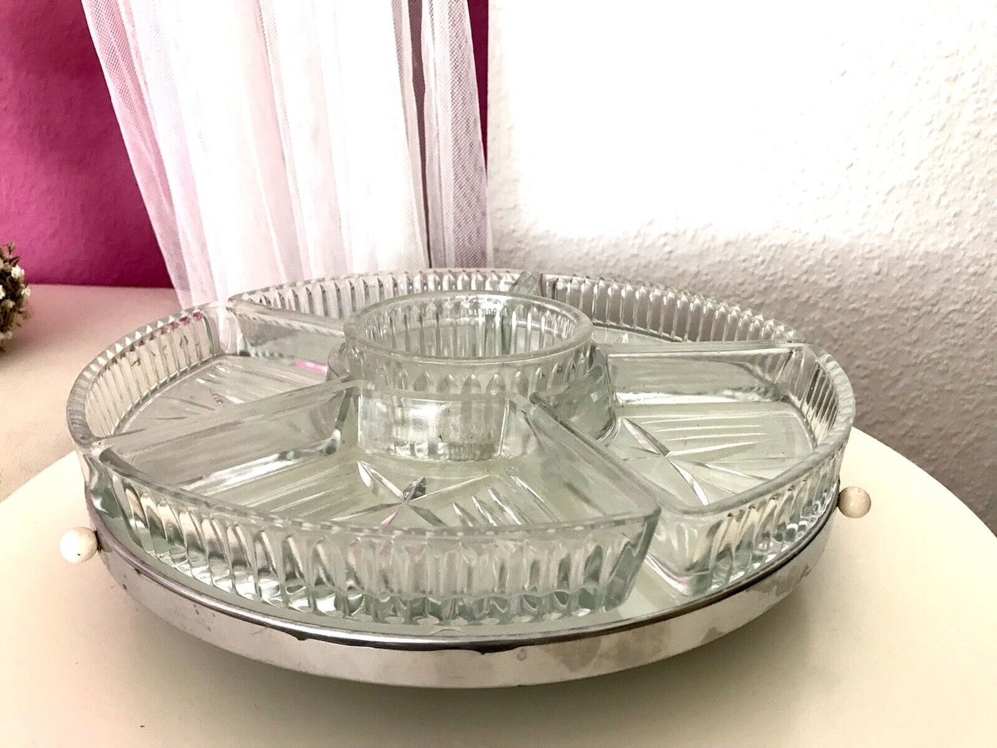 Antik schöne Art Déco Schale Tafelaufsatz Kabarett-Schale Pressglas drehbar