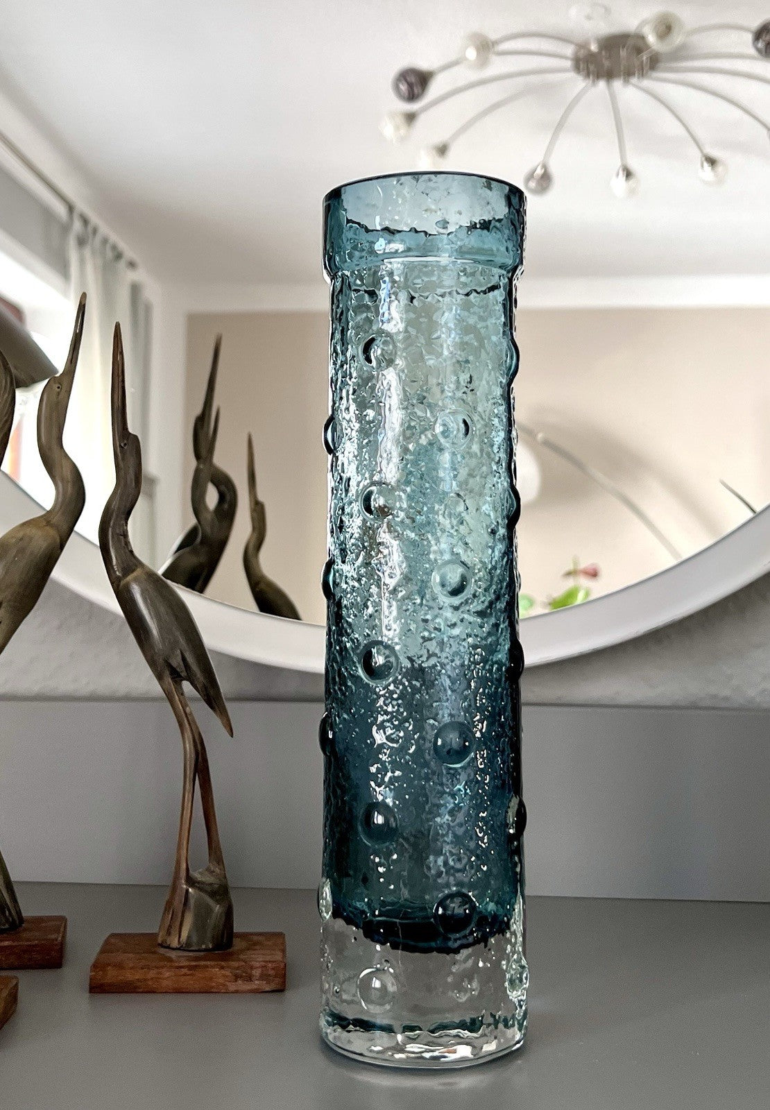 Vintage 60er Riihimäki Lasi Designer Glasvase Vase Glas graublau Finnland Rauch