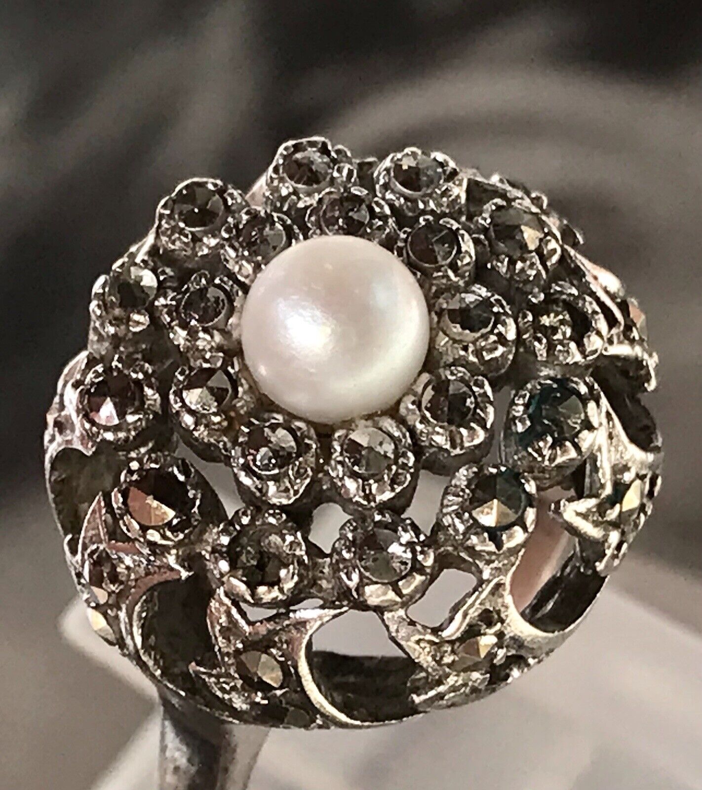Antik Edel DAMEN Entourage RING Silber 835 Perle Markasite Gr.52