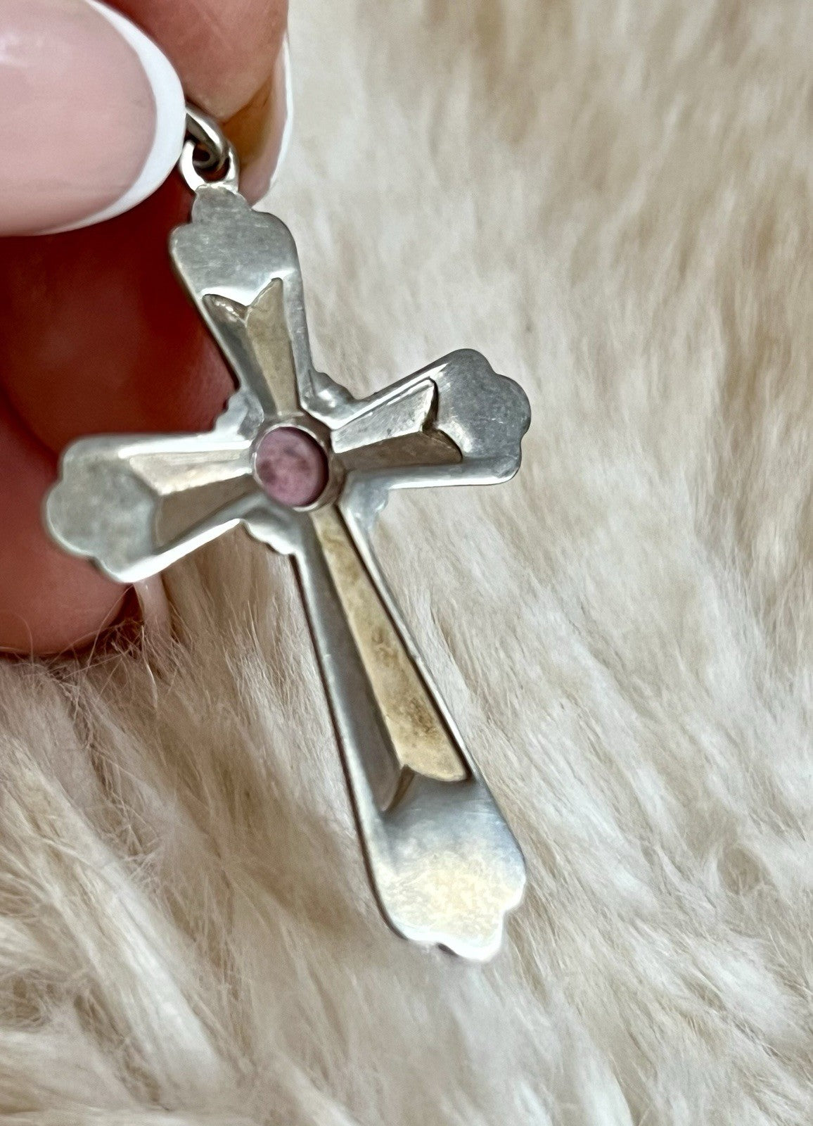 Antik alt 835 groß Silber Kreuz Anhänger Kettenanhänger Relief brauner Stein