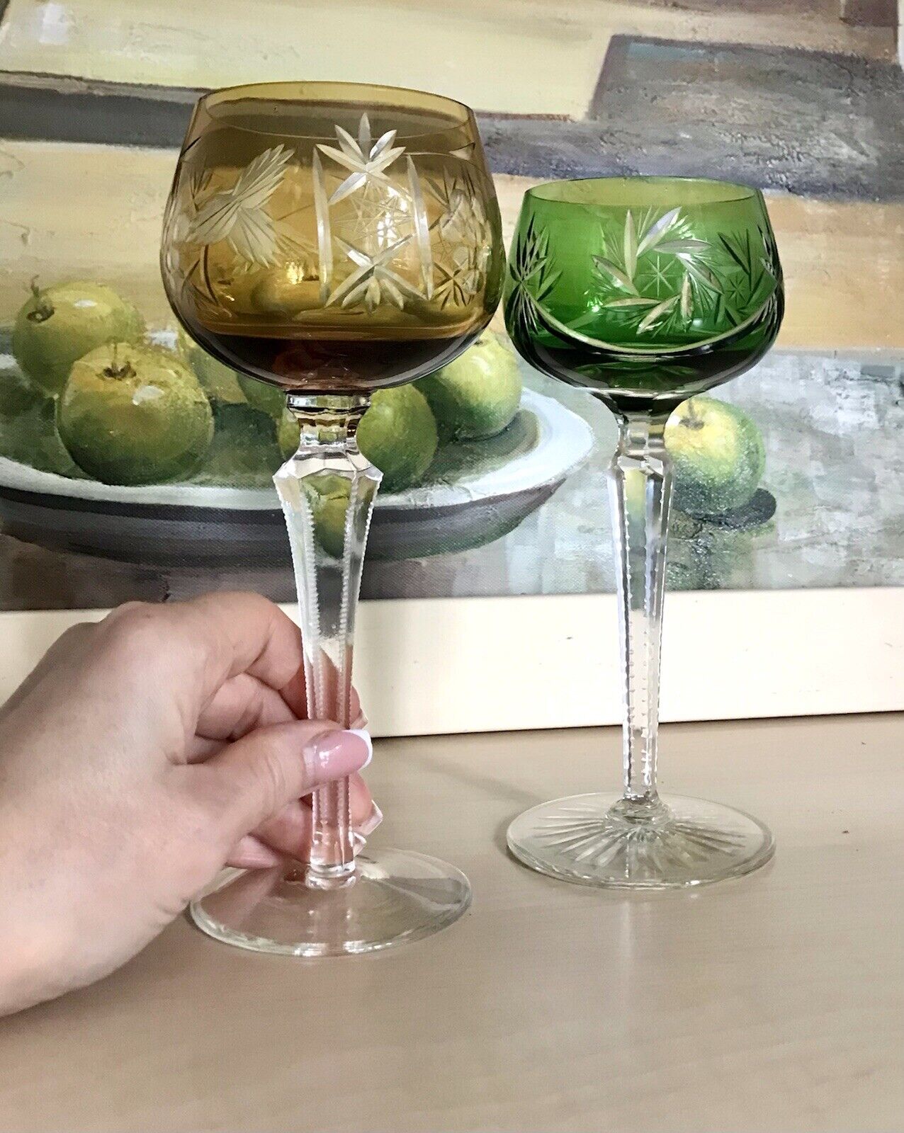 Alt Vintage antik? 2x Weinglas Römer Kristallglas Schliff gelb grün Schliff