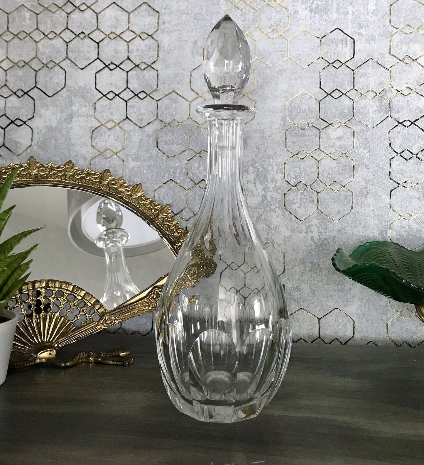 Vintage Art Déco Stil Glaskaraffe Karaffe Bleikristall Edel Stopfen Schälschliff