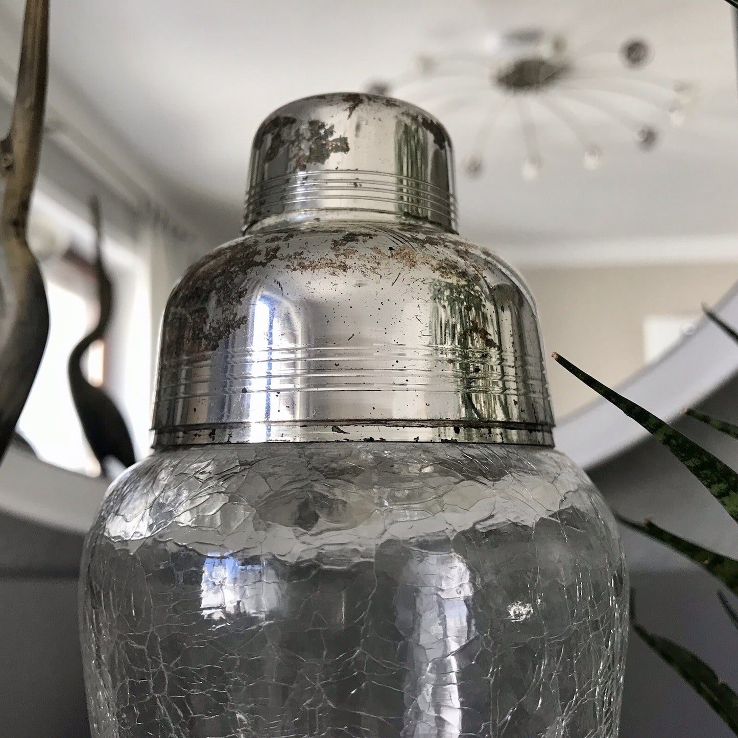 Vintage Glas 60er Craquelée versilbert Montur Getränke Cocktail Shaker
