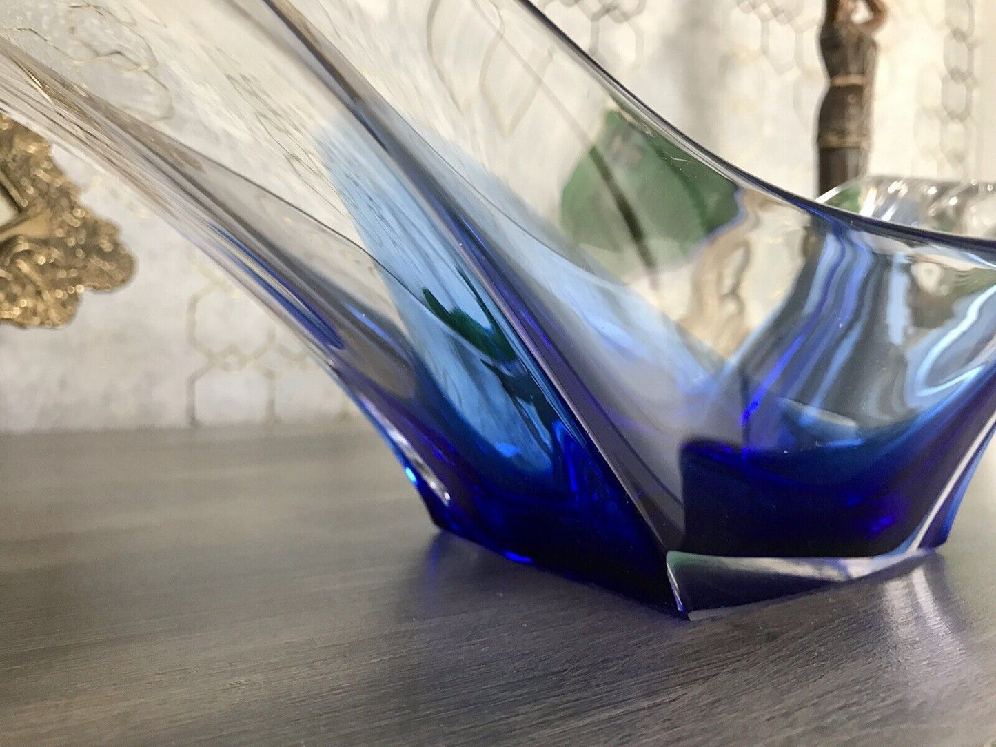 Murano 60er 70er Jahre Schale Glas zipfelig blauer Zwischenfang im Klarglas