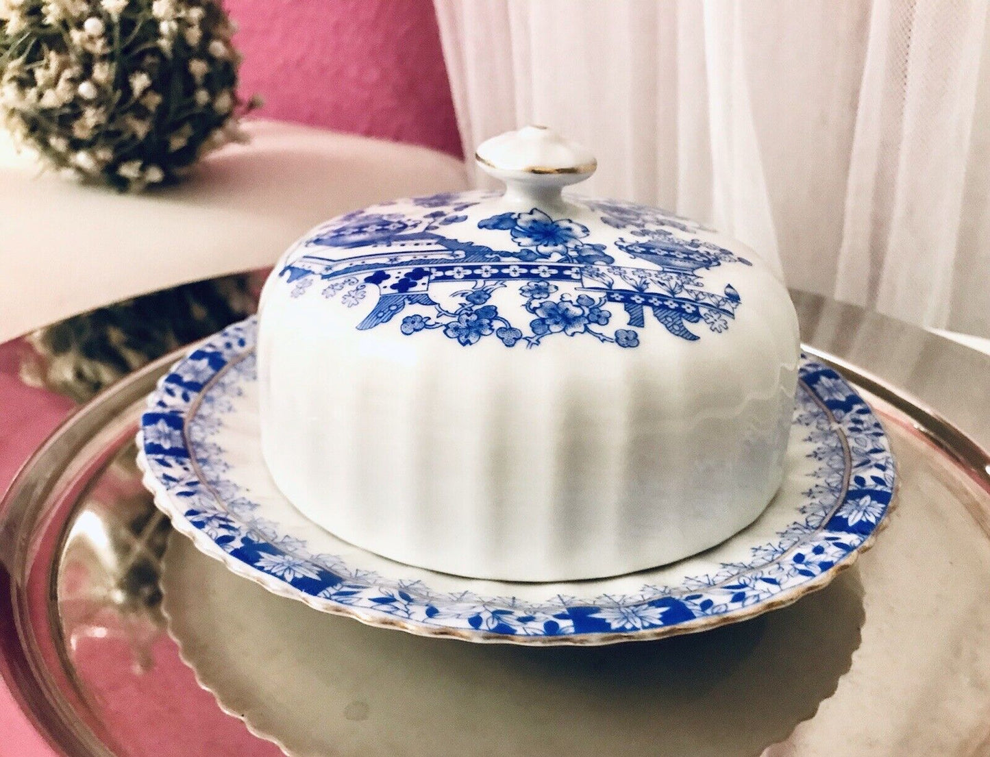 Antik Art Déco Porzellan Butterdose Dose China Blau