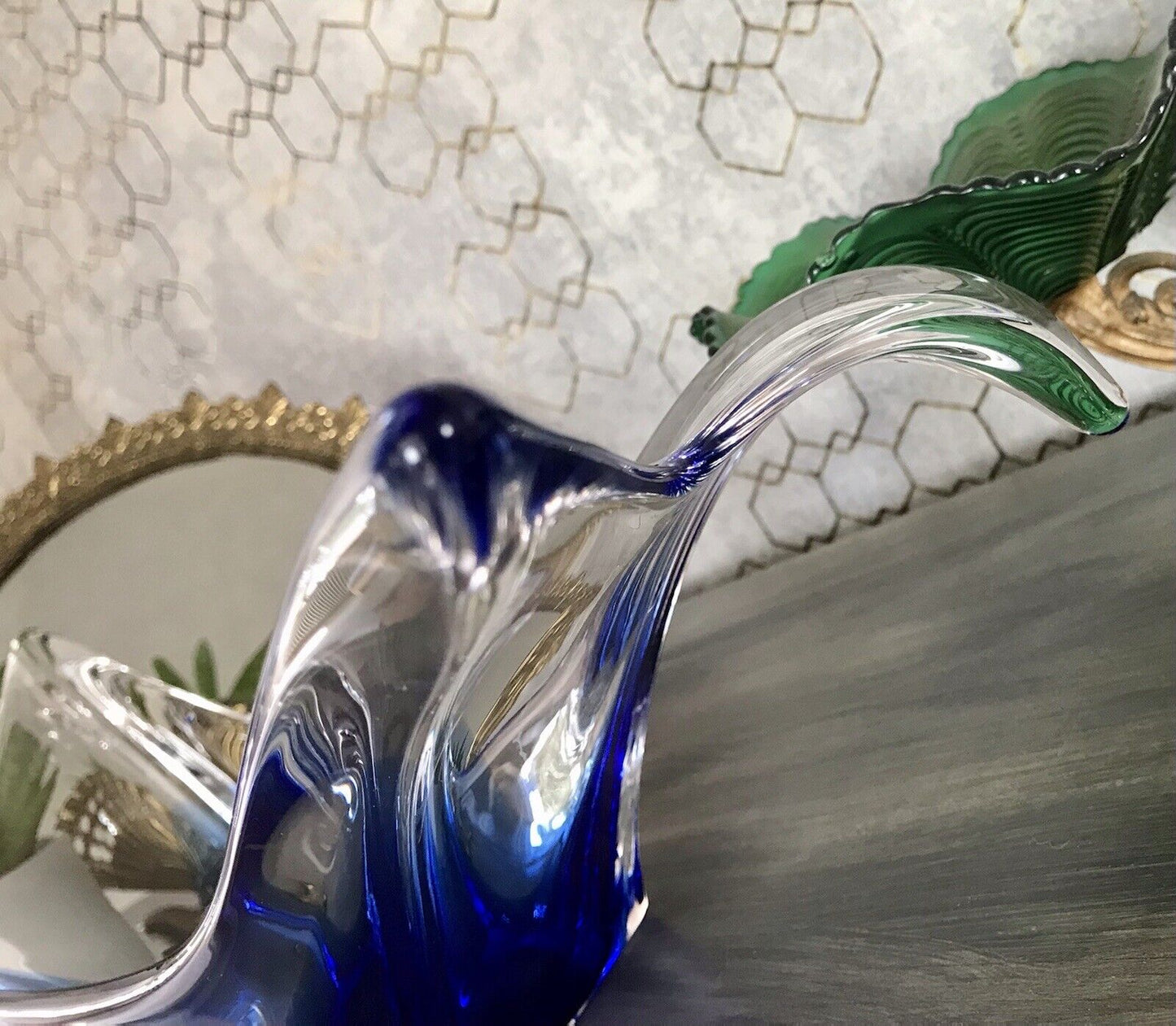 Murano 60er 70er Jahre Schale Glas zipfelig blauer Zwischenfang im Klarglas