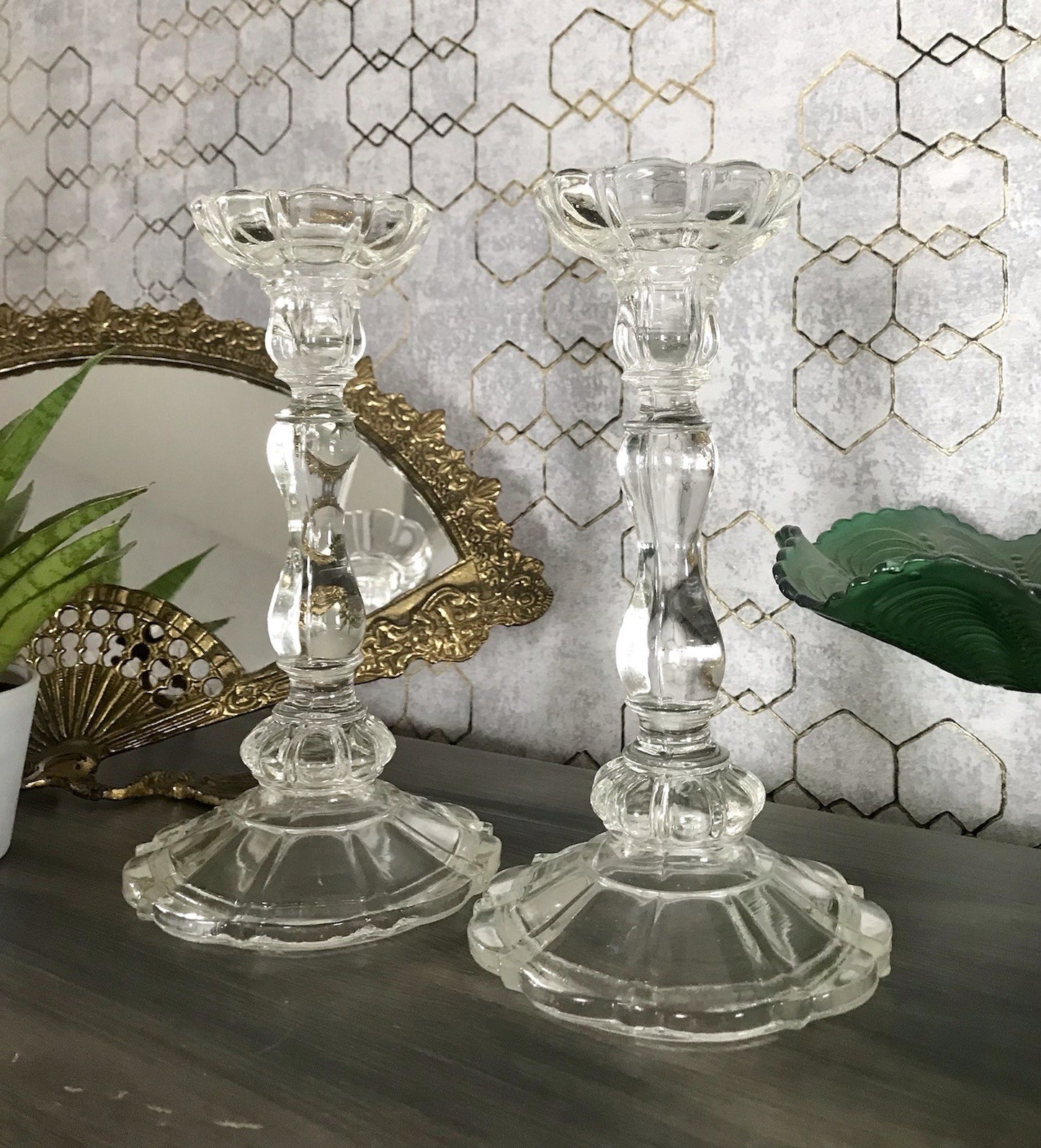Antik Art Déco 2x Kerzenleuchter Leuchter Kerzenständer Pressglas Glas
