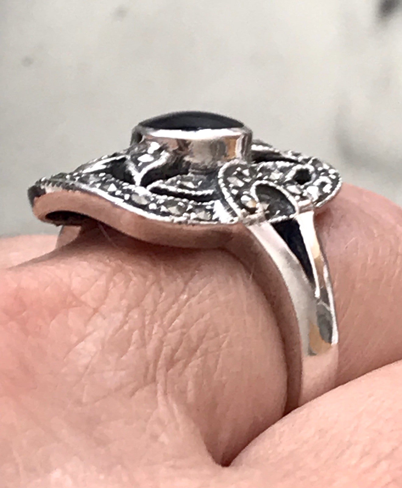 Antik Art Déco Damen Schiffchen Ring 925 Silber Gr.60 Onyx Markasite
