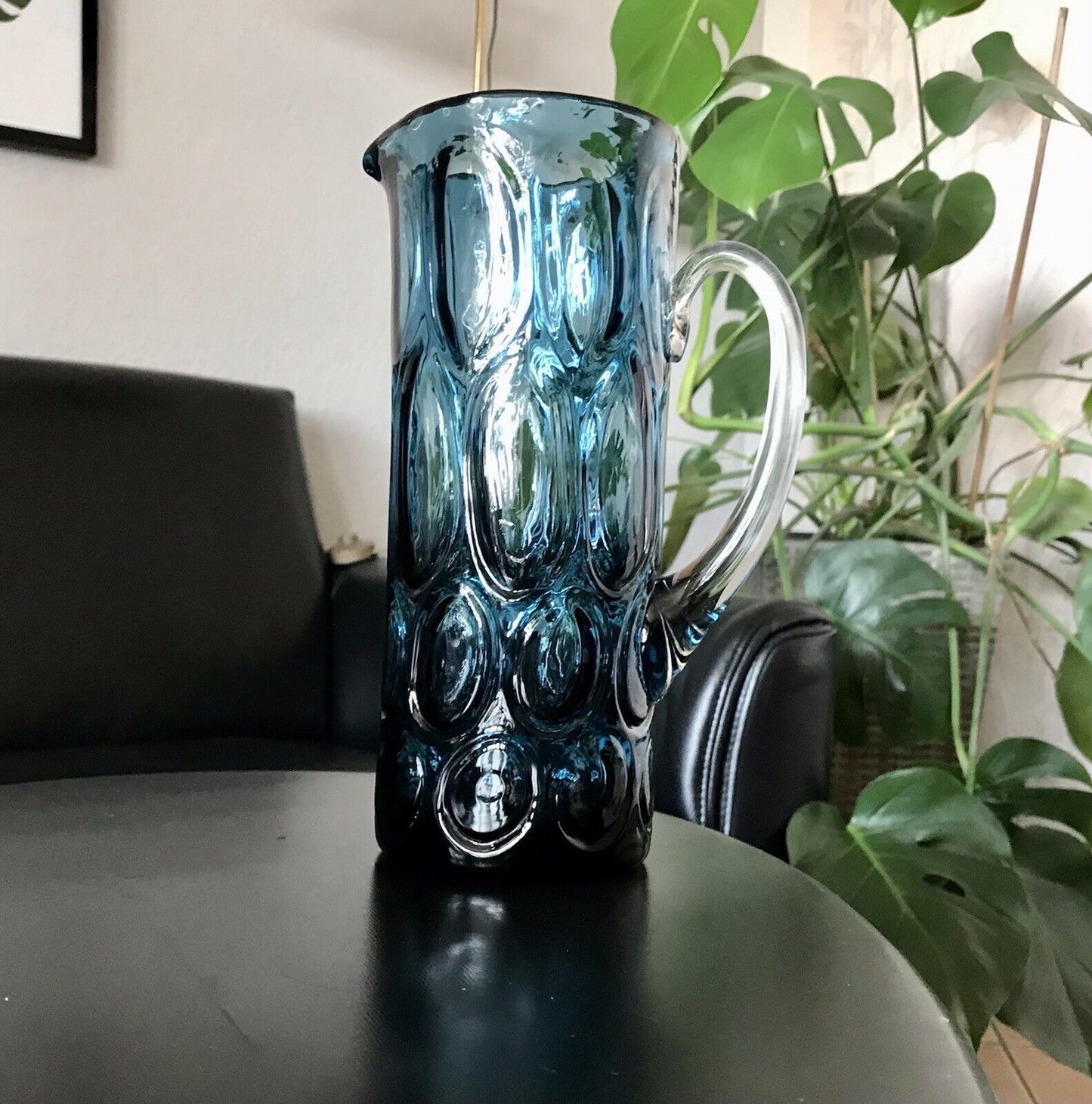 Vintage Designer 60er Krug Kanne Karaffe Space Age Glas Bubble Struktur blau