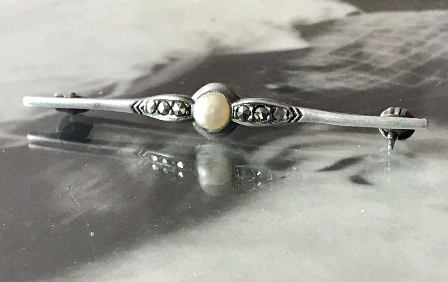 Antik Art Déco Edel Stabbrosche 835 Silber Brosche Markasiten Perle So Schön!