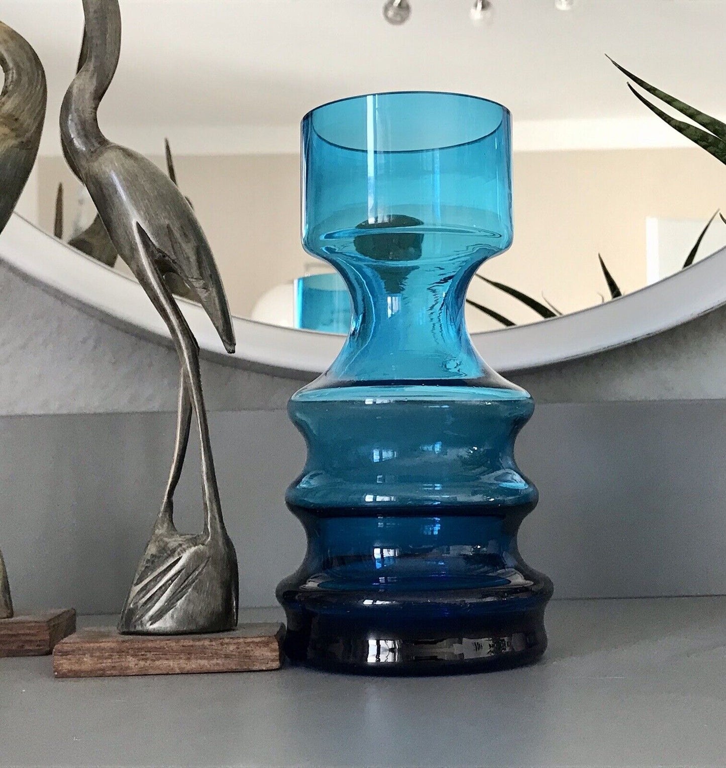 Vintage MCM 60er 70er Jahre blau Glas Kerzenständer Vase Blumenvase Glasvase