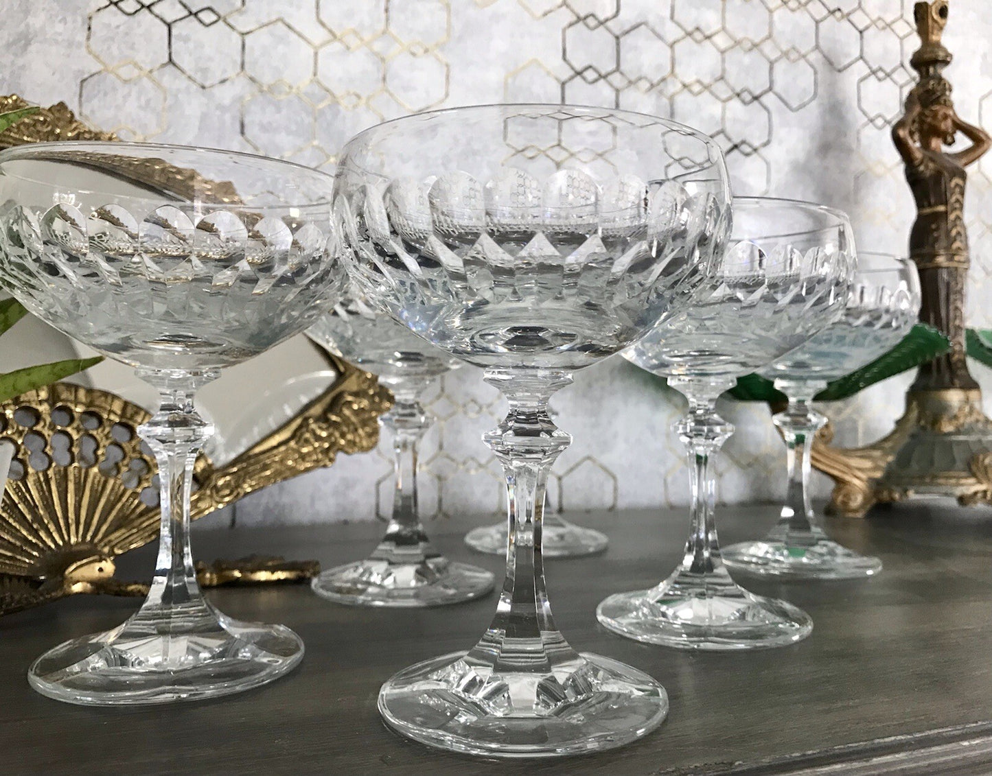 Vintage 8x Champagnerschalen Sektschalen Kristallglas Schliff Bleikristall