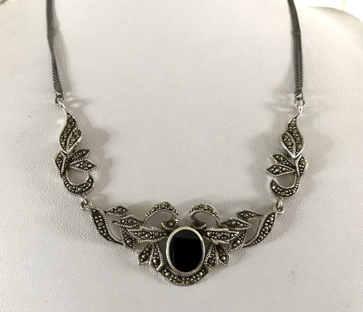 Antik Edel Jugendstil Art Déco 925 Silber Collier Halskette mit Onyx & Markasite