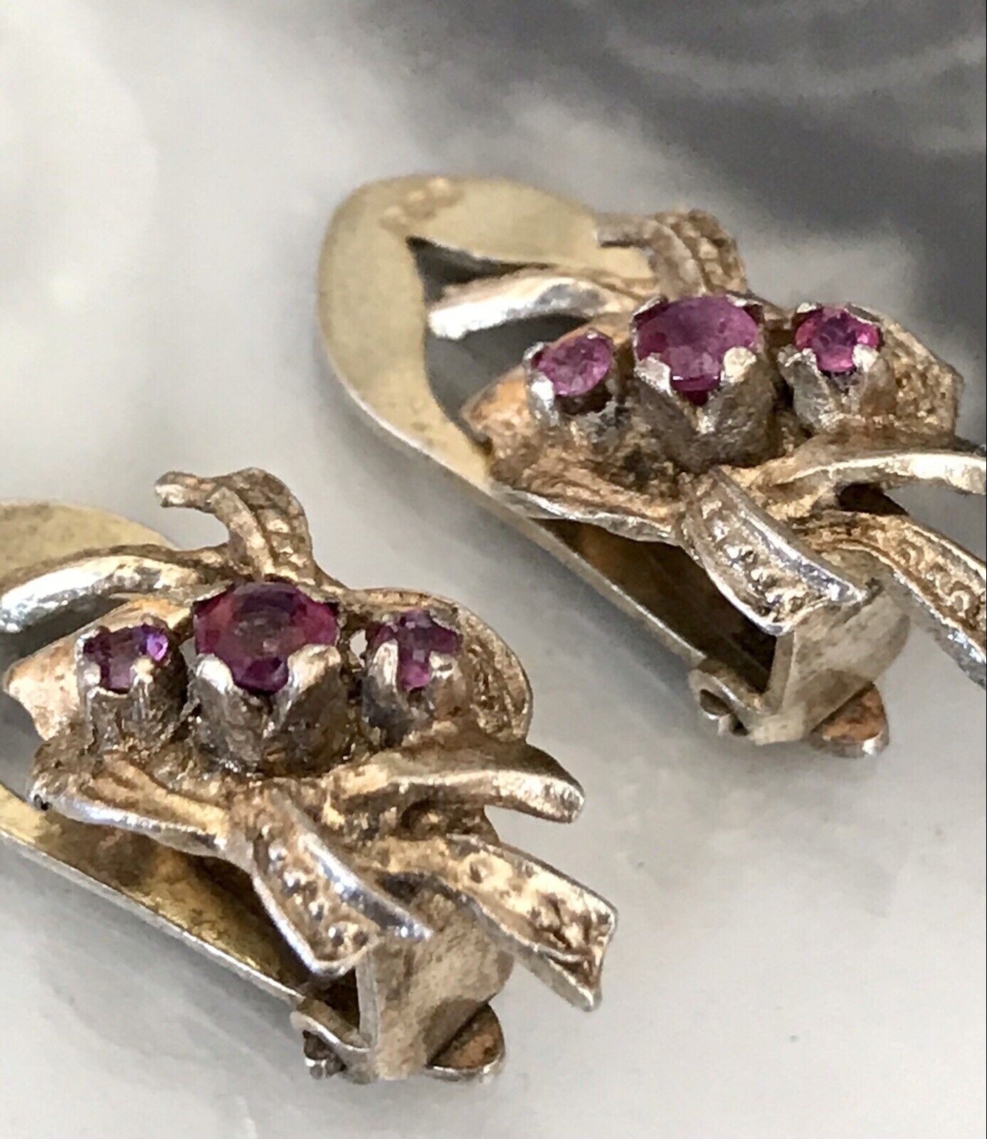 Vintage spätes Art Déco Edel Ohrclipse Ohrringe 835 Silber vergoldet Rubine