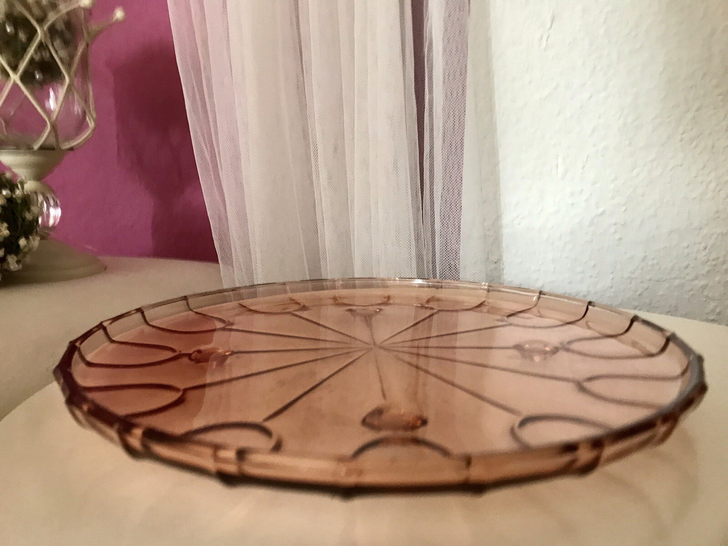 Antik Tortenplatte Tortenständer Rosalin Glas rosa 4Füssig Art Déco Pressglas