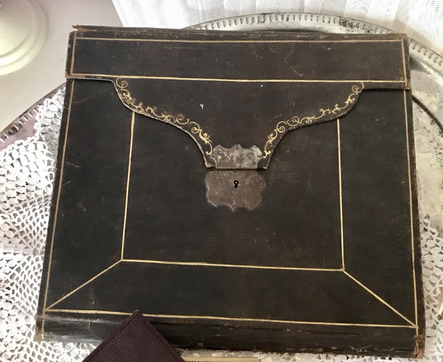 Antik Briefmappe? Papiermappe Schreibmappe? Mappe Block Petitpoint Leder