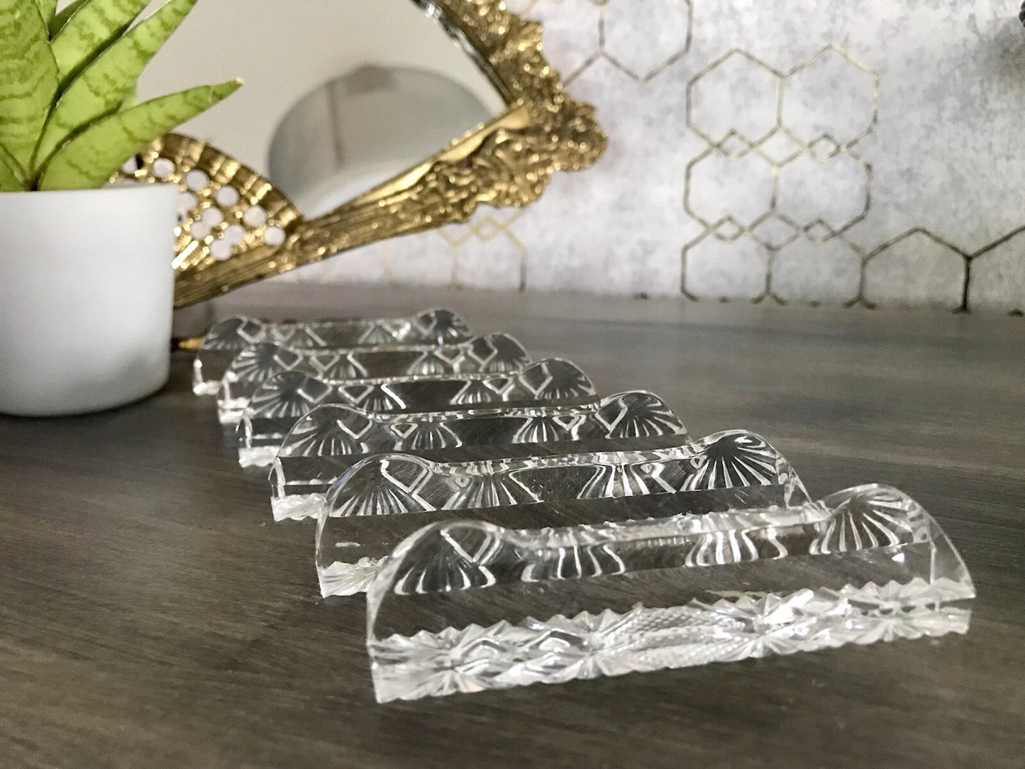 Alt antik? 6 Art Déco Messerbänkchen Kristallglas Glas EDEL Schliff