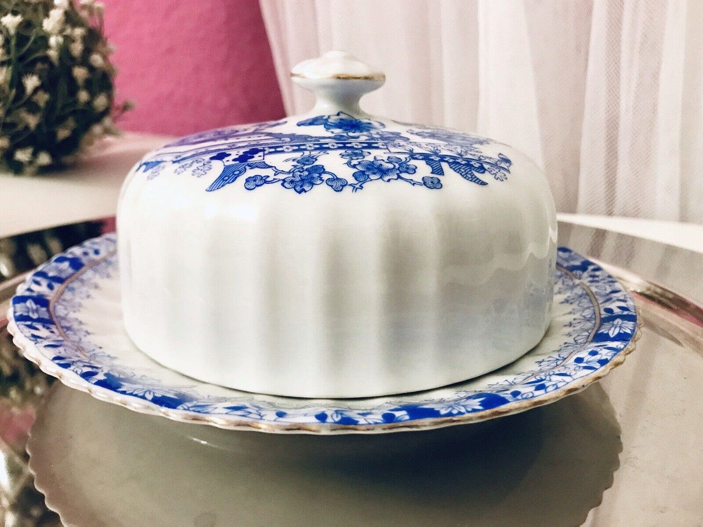 Antik Art Déco Porzellan Butterdose Dose China Blau