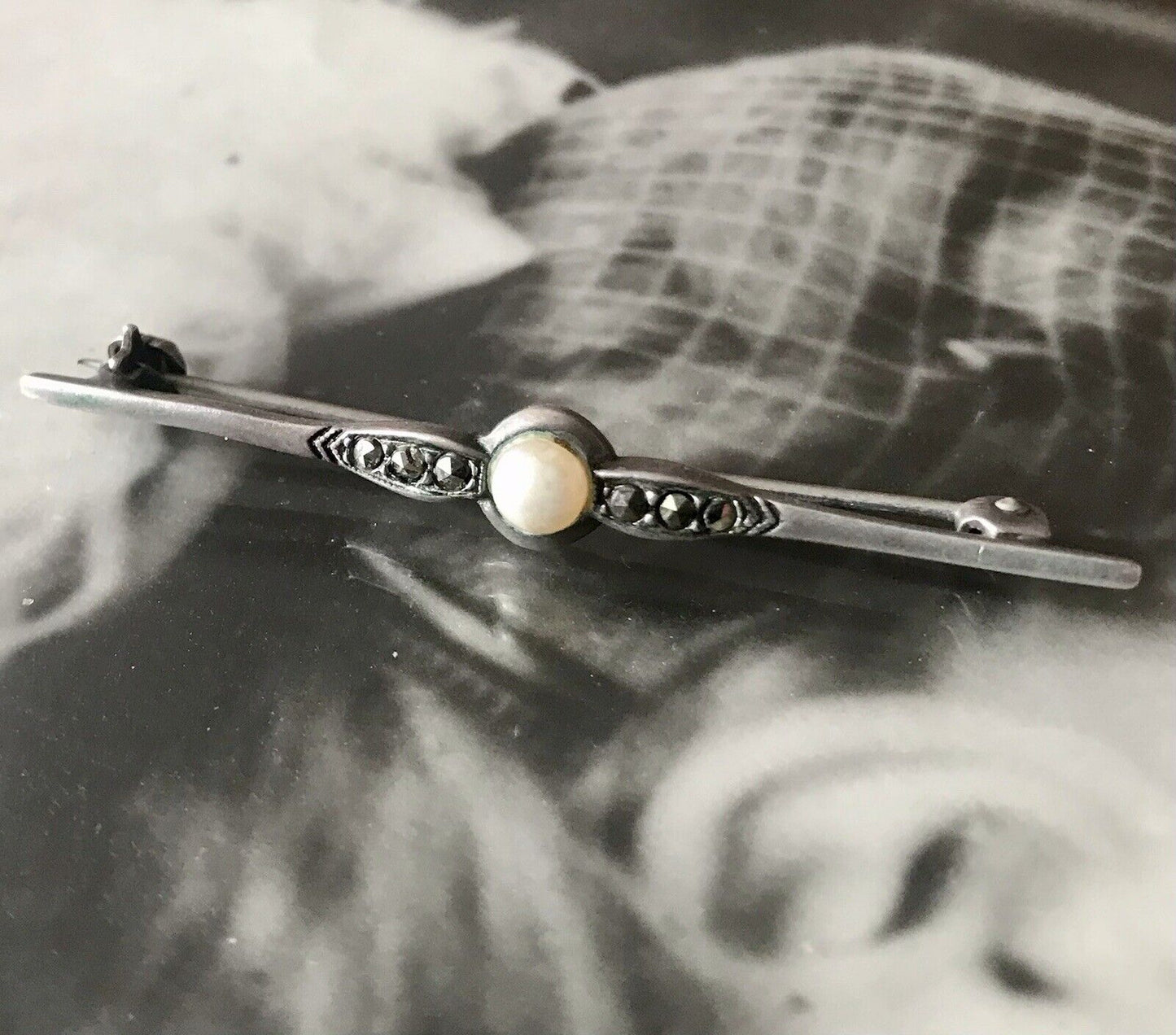 Antik Art Déco Edel Stabbrosche 835 Silber Brosche Markasiten Perle So Schön!