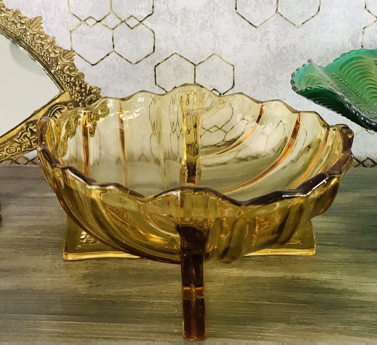 Antik Art Déco gelb Pressglas Jardiniere Schale Glas RAR markant