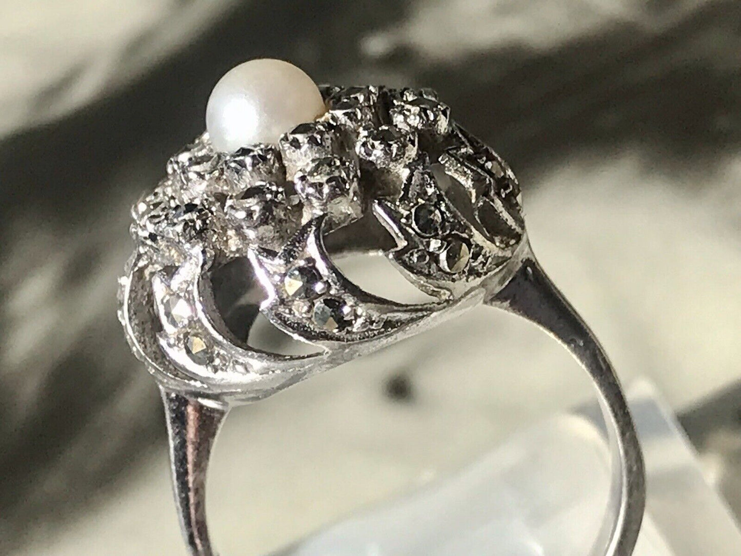 Antik Edel DAMEN Entourage RING Silber 835 Perle Markasite Gr.52