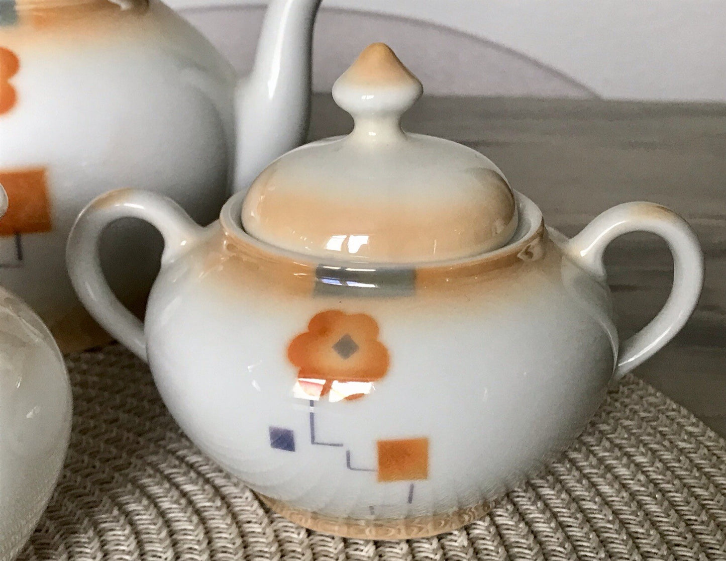 Antik Art Déco Porzellan Kaffeeservice Spritzdekor Moccaservice