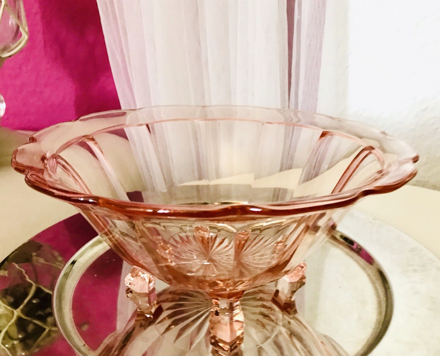 Antik Art Déco Schale Pressglas Rosalin rosa Glas Glasschale vierfüßig