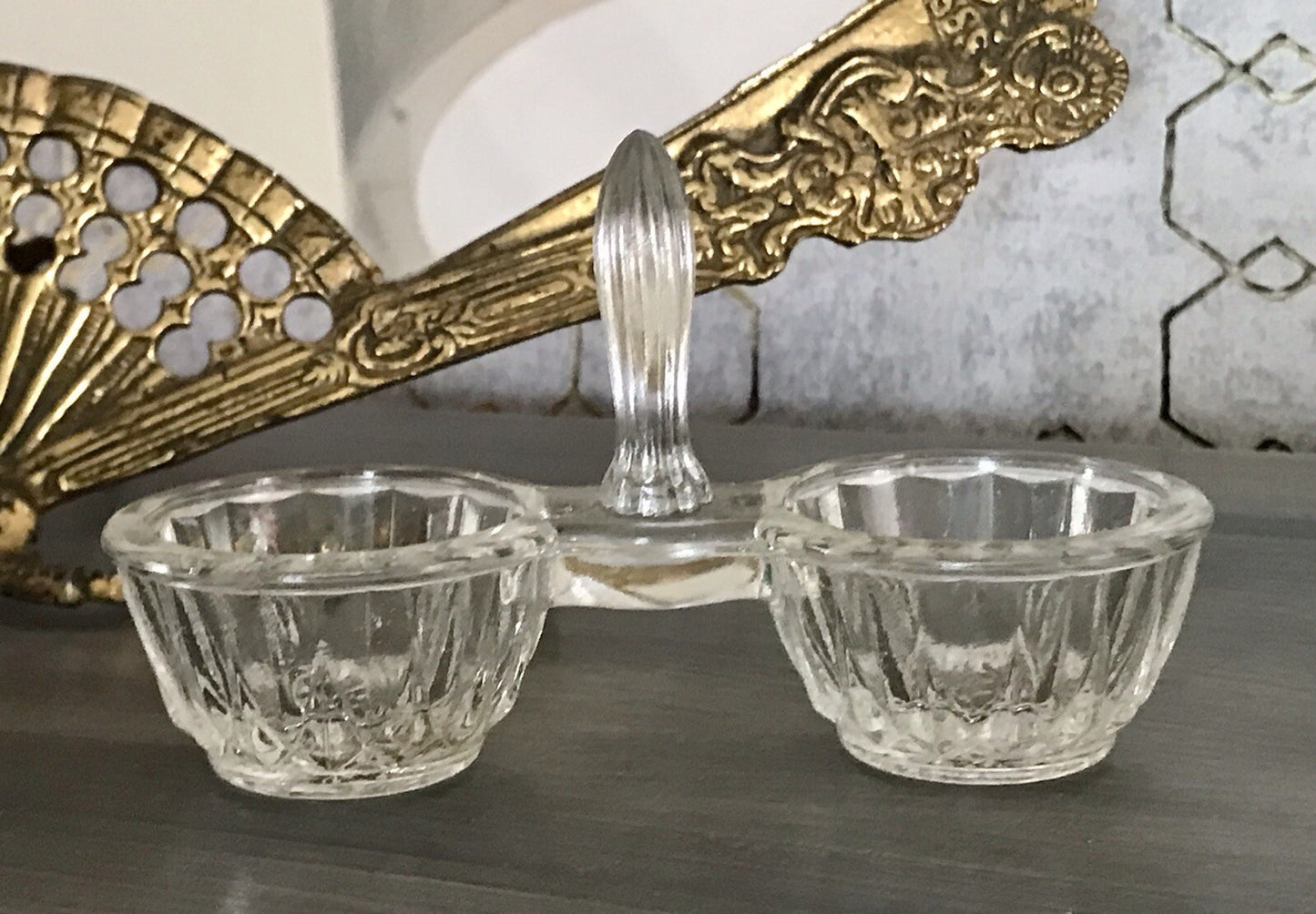 Antik Art Déco Pressglas Salz & Pfeffer Menage Saliere Gewürzständer Glas