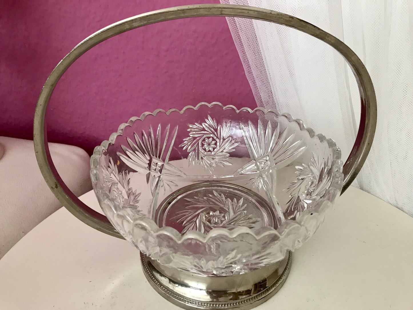 Antik Art Déco Schale Tafelaufsatz Pressglas Metallmontur Korb