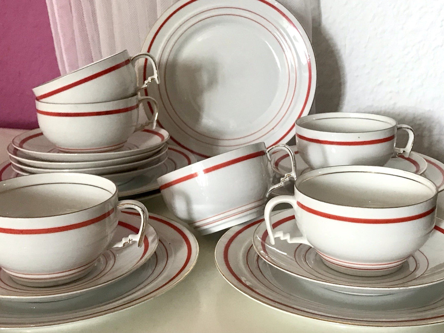 Antik Art Déco Porzellan Kaffeeservice weiß rot orange gemarkt deutsch Bauhaus