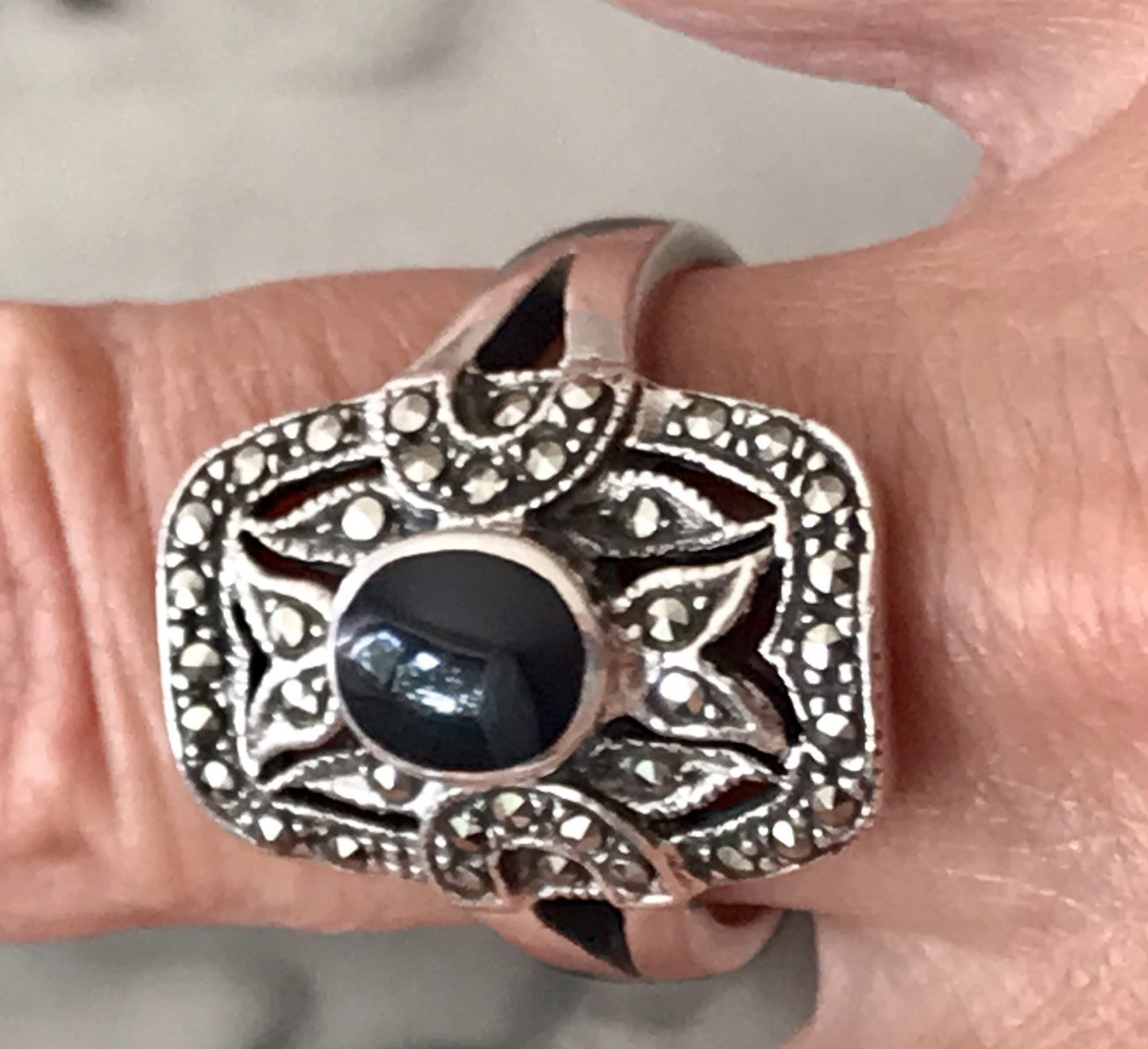 Antik Art Déco Damen Schiffchen Ring 925 Silber Gr.60 Onyx Markasite