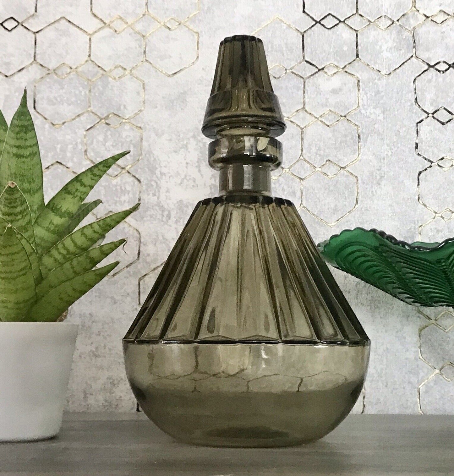 Antik Art Déco Bauhaus Glas Karaffe Dekanter Rauchglas wundervoll