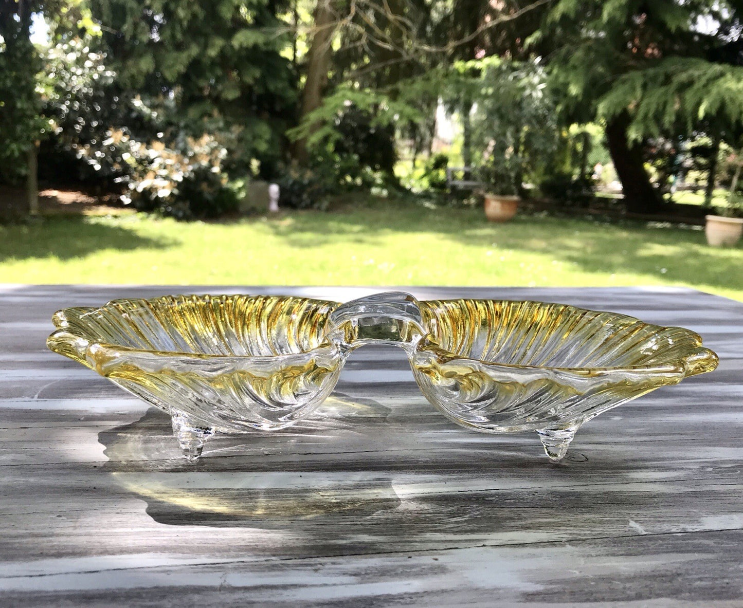 Vintage 70er Glas Schale Anbietschale Muschel Walther Glas Kultig gelb