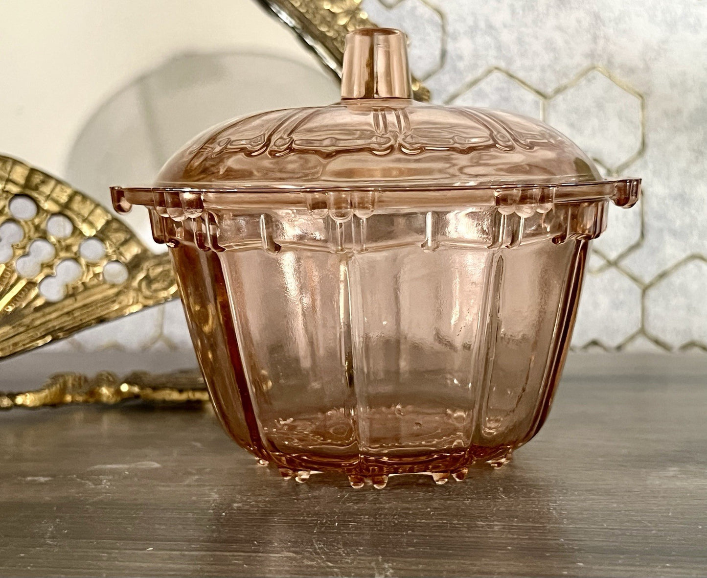 Art Déco Stil Dose Deckeldose Rosalin Rosa Pressglas