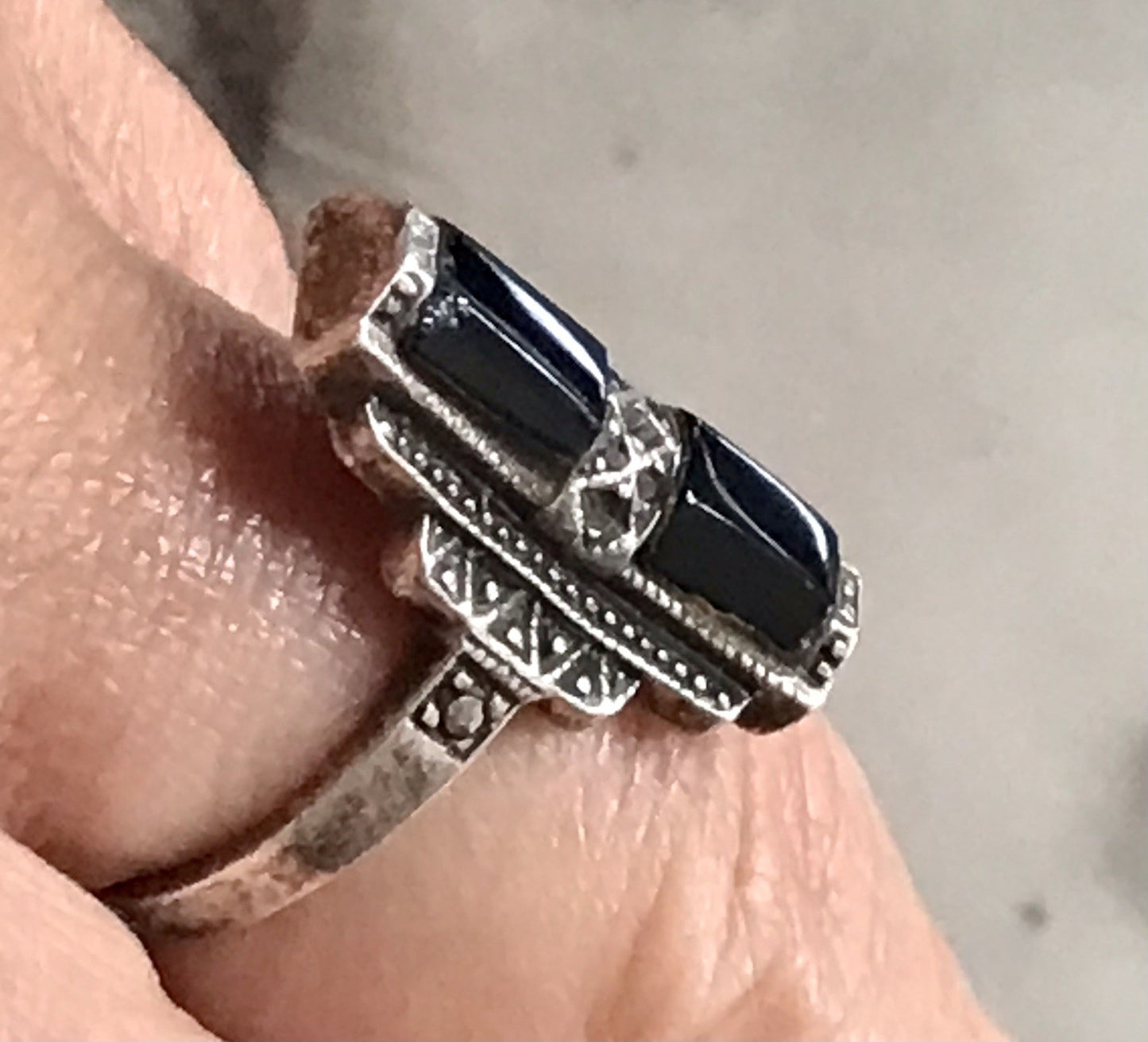 Antik Art Déco Damen Schiffchen Ring Onyx 925 Silber Gr.56 Markasite 18,1