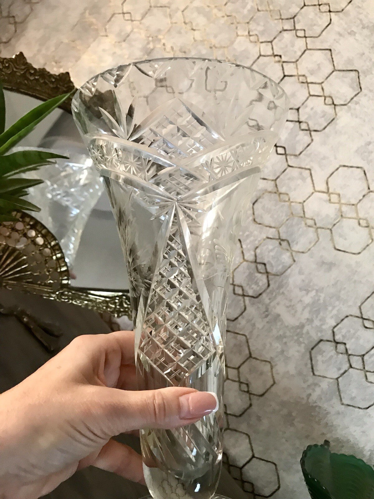 Antik Vase Glasvase Kristallglas geschliffen Art Déco Trichtervase Pokalvase