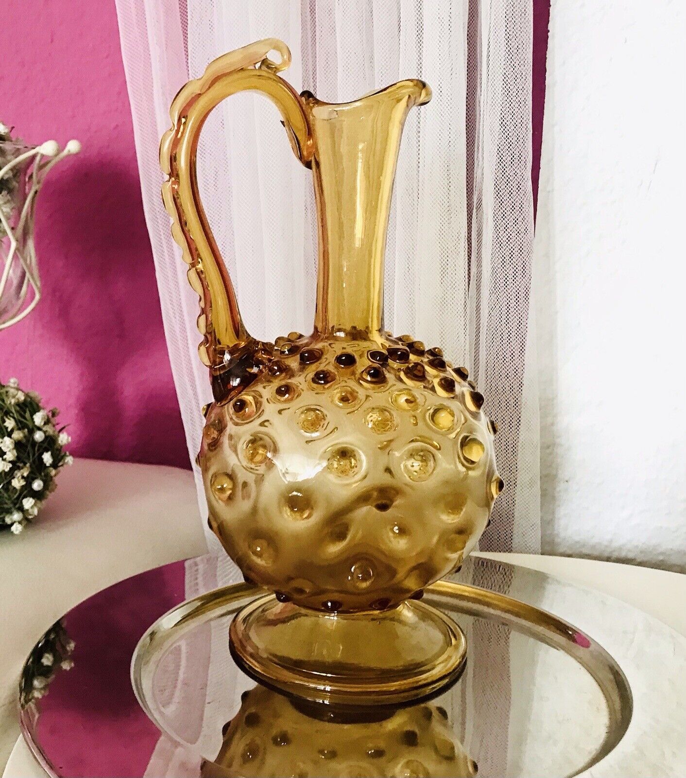 Murano Barovier Tosso ? 60er Karaffe Kanne Vase Glas Gelb Noppen Dubben Abriss