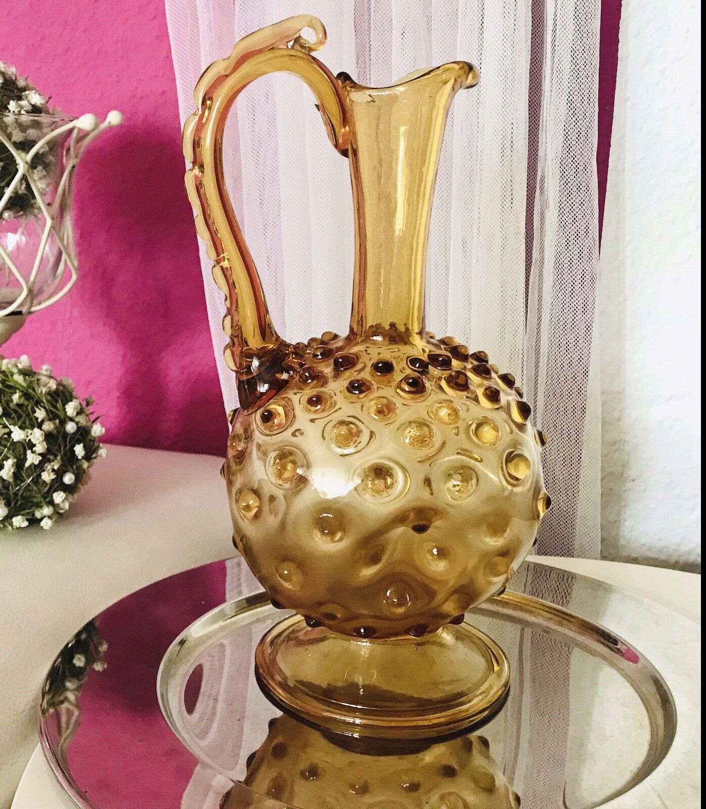 Murano Barovier Tosso ? 60er Karaffe Kanne Vase Glas Gelb Noppen Dubben Abriss