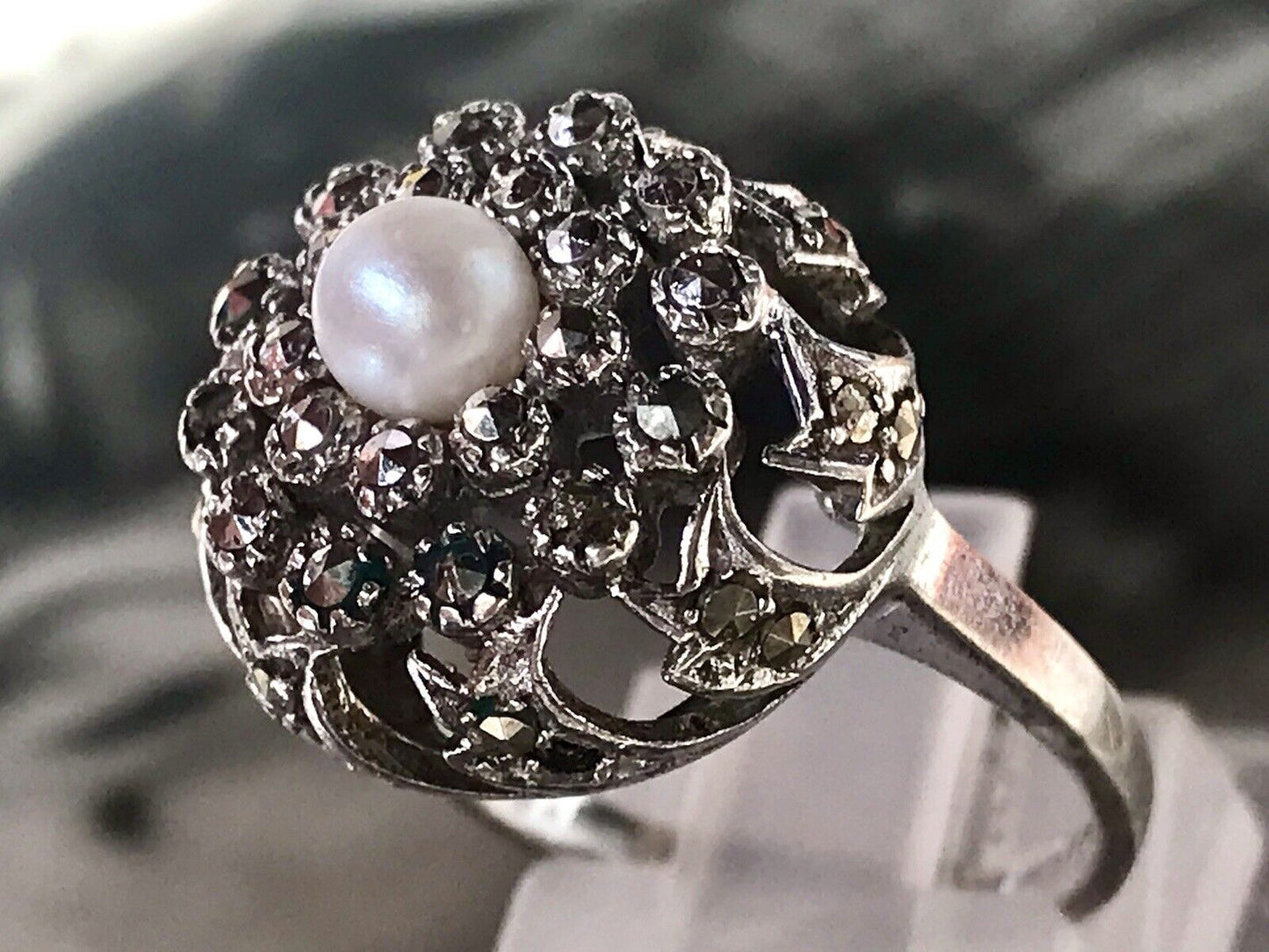 Antik Edel DAMEN Entourage RING Silber 835 Perle Markasite Gr.52