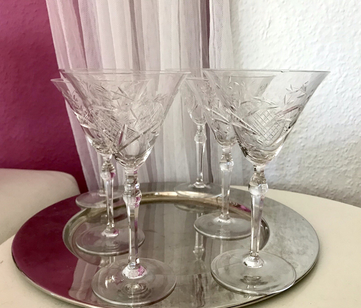 Antik Edel Art Déco 6x Weingläser Gläser Schliffdekor