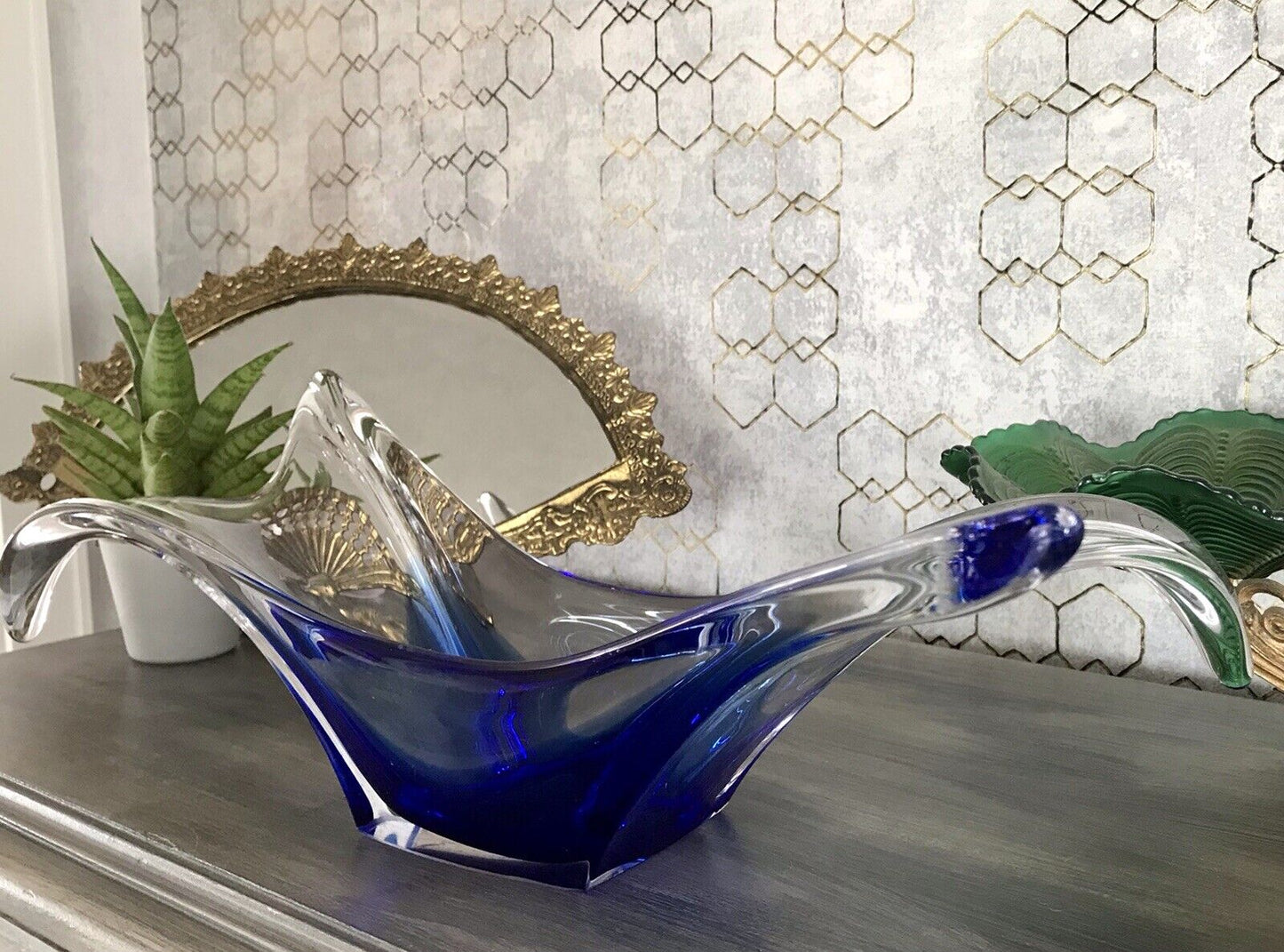 Murano 60er 70er Jahre Schale Glas zipfelig blauer Zwischenfang im Klarglas