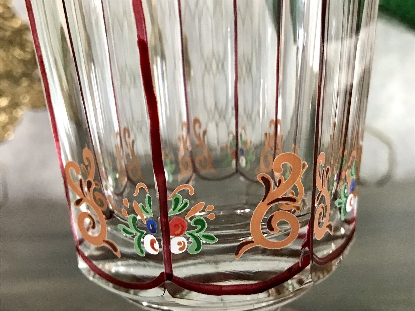 Antikisiert Replik Böhmisch Biedermeier Email-Malerei Glas Fußbecher bemalt