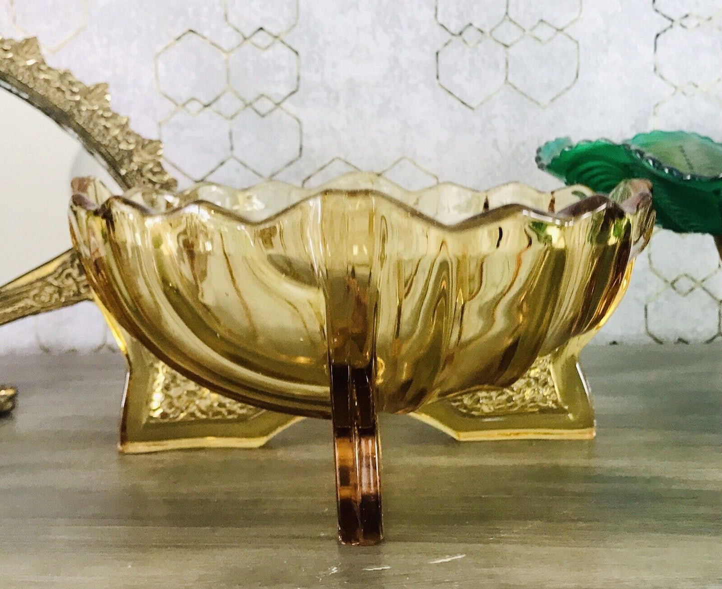 Antik Art Déco gelb Pressglas Jardiniere Schale Glas RAR markant