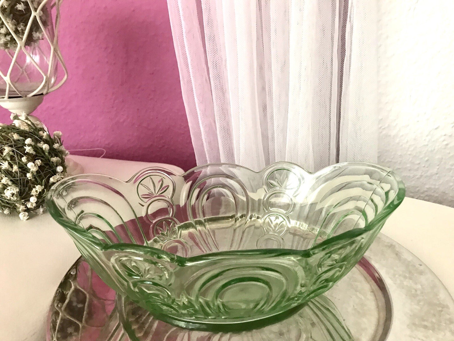 Antik Art Déco Jardiniere Schale Pressglas Glasschale grün Obstschale