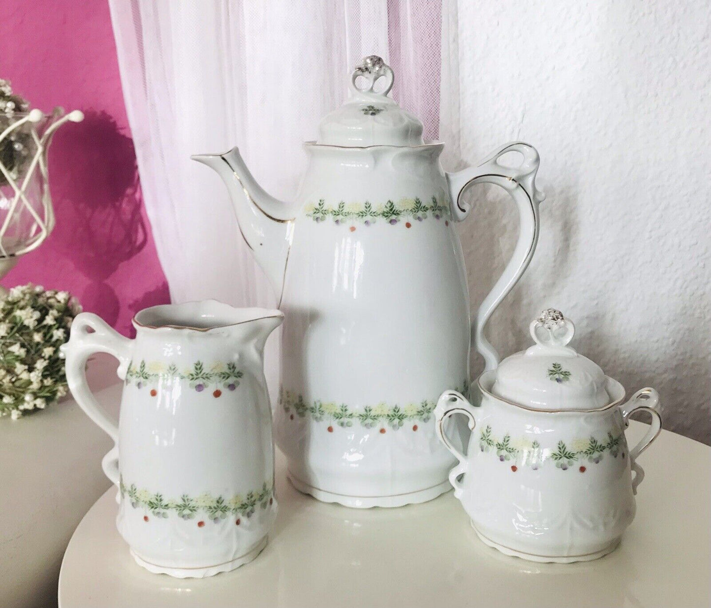 Antik Jugendstil Porzellan Kaffee Kernstück Kanne & Weihnachtsmotiv ! Ranken