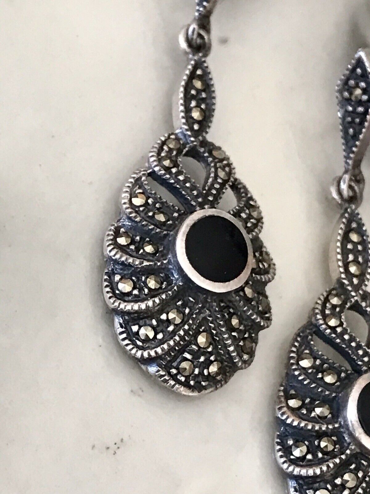 Antik Art Déco Wunderschön Ohrhänger Ohrringe DAMEN Silber 925 Onyx Markasite